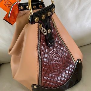 NWT Marino Orlandi Camel w/Brown tote/shoulder bag/Sling Embossed Italian…